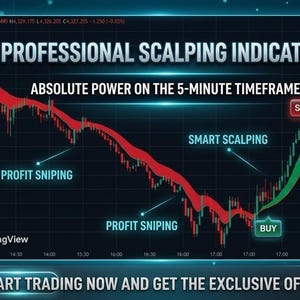 May include: A digital trading chart titled Professional Scalping Indicator with text stating Absolute Power on the 5-Minute Timeframe. The graphic displays red and green trend lines, Buy and Sell markers, and labels for Profit Sniping and Smart Scalping.