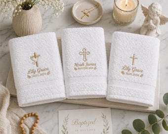 Toalla de bautismo personalizada, regalo de bautizo de algodón bordado, recuerdo religioso para bebé.