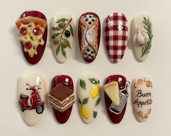 Summer Press On Nails Italian Food Nails Pizza Cannoli Tiramisu Lemon Vespa Cute 3D Handmade Nails Red Plaid Custom Fake Glue On Nails