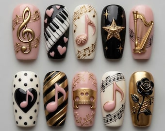 Classical Music Press On Nails | Elegant Piano Harp Fake Nails | 3D Gold Music Note Nail Art | Luxury Coquette Pink Black Custom Nails