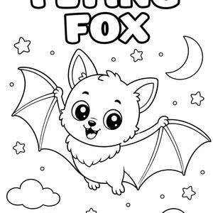 K&ouml;nnte beinhalten: Schwarz-Wei&szlig;-Illustration einer Cartoon-Fledermaus mit dem Text "FLYING FOX" dar&uuml;ber. Die Fledermaus fliegt mit ausgebreiteten Fl&uuml;geln, umgeben von Sternen, Wolken und einem Halbmond. Die Fledermaus hat gro&szlig;e Augen und einen fr&ouml;hlichen Gesichtsausdruck.