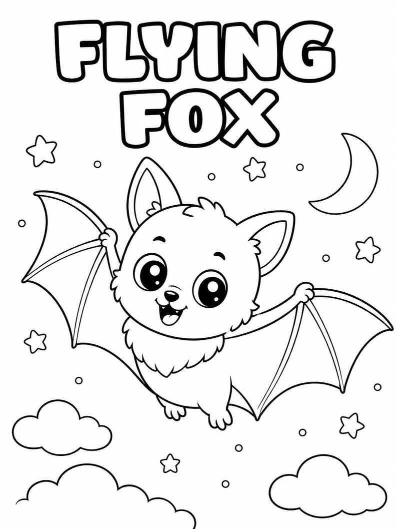K&ouml;nnte beinhalten: Schwarz-Wei&szlig;-Illustration einer Cartoon-Fledermaus mit dem Text "FLYING FOX" dar&uuml;ber. Die Fledermaus fliegt mit ausgebreiteten Fl&uuml;geln, umgeben von Sternen, Wolken und einem Halbmond. Die Fledermaus hat gro&szlig;e Augen und einen fr&ouml;hlichen Gesichtsausdruck.