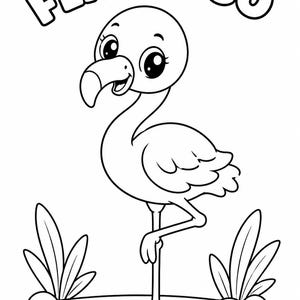 K&ouml;nnte beinhalten: Schwarz-wei&szlig;e Cartoon-Illustration eines Flamingos, der auf einem Bein steht. Das Wort "FLAMINGO" steht in einer Blasen-Schriftart &uuml;ber dem Flamingo. Der Flamingo hat gro&szlig;e Augen und ist von Gras umgeben.