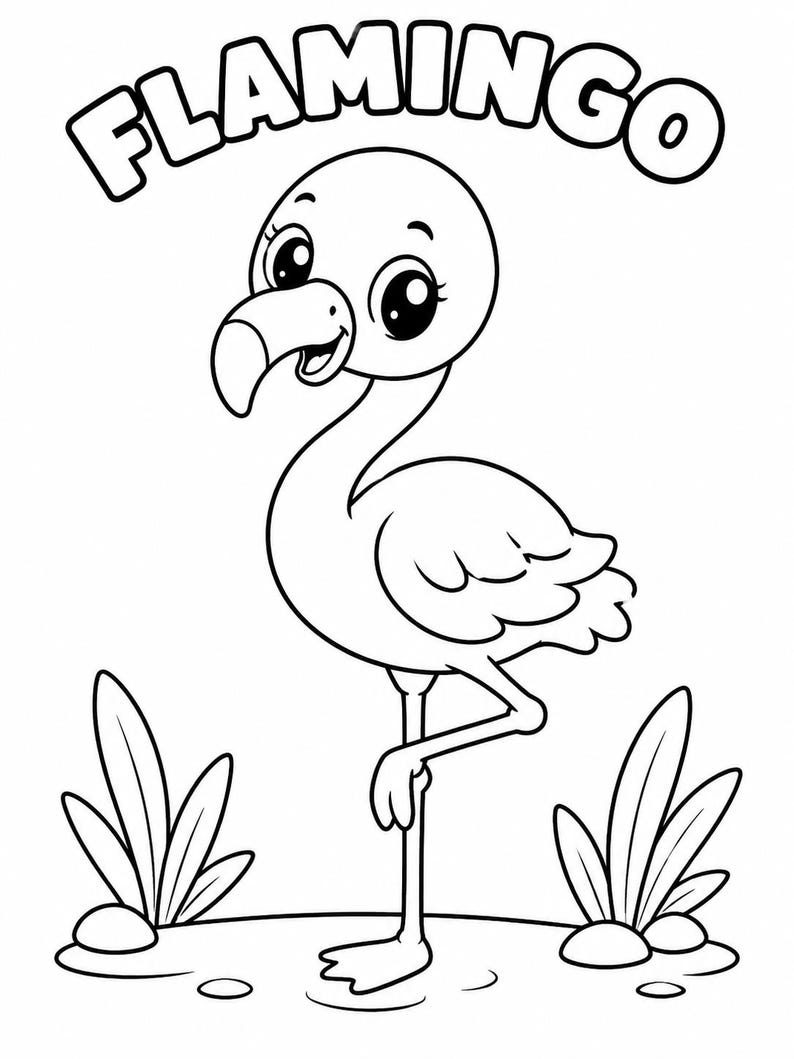 K&ouml;nnte beinhalten: Schwarz-wei&szlig;e Cartoon-Illustration eines Flamingos, der auf einem Bein steht. Das Wort "FLAMINGO" steht in einer Blasen-Schriftart &uuml;ber dem Flamingo. Der Flamingo hat gro&szlig;e Augen und ist von Gras umgeben.