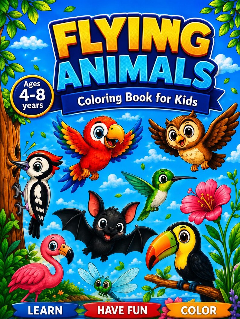 K&ouml;nnte beinhalten: Ein farbenfrohes Malbuch f&uuml;r Kinder mit dem Titel "Flying Animals". Das Cover zeigt Illustrationen verschiedener V&ouml;gel und einer Fledermaus vor blauem Himmel. Der Text enth&auml;lt "Alter 4-8 Jahre", "Malbuch f&uuml;r Kinder" und Aufforderungen zum "Lernen", "Spa&szlig; haben" und "Malen".
