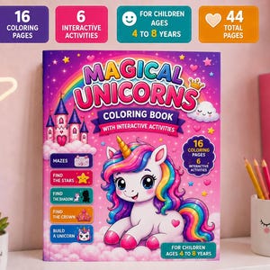 Può includere: Un libro da colorare per bambini intitolato "Magical Unicorns" con un'illustrazione di unicorno, un arcobaleno e un castello. Il libro include 16 pagine da colorare e 6 attività interattive per bambini dai 4 agli 8 anni. Il libro ha 44 pagine in totale.