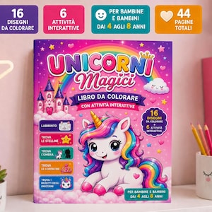 Può includere: Un libro da colorare per bambini intitolato "Unicorni Magici" con un'illustrazione di un unicorno. Il libro presenta 16 disegni da colorare, 6 attività interattive ed è progettato per bambini dai 4 agli 8 anni. Il libro ha 44 pagine totali.