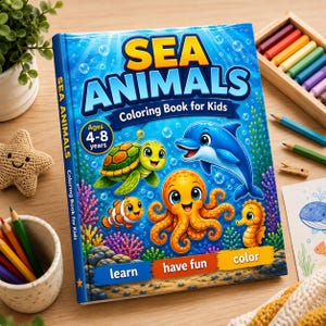 Könnte beinhalten: Ein farbenfrohes "Sea Animals Coloring Book for Kids" mit Illustrationen von Meeresbewohnern, darunter ein Delfin, eine Schildkröte und ein Oktopus. Auf dem Cover steht "Sea Animals" und "Coloring Book for Kids". Für Kinder von 4-8 Jahren. Buntstifte.