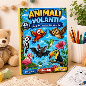 Könnte beinhalten: Ein Malbuch für Kinder mit dem Titel "ANIMALI VOLANTI" (Fliegende Tiere) mit Illustrationen verschiedener Vögel und einer Fledermaus. Das Buch ist für Kinder im Alter von 4-8 Jahren und zeigt farbenfrohe Bilder von Papagei, Eule, Kolibri und Tukan.