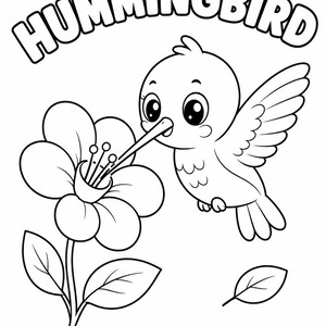 K&ouml;nnte beinhalten: Schwarz-Wei&szlig;-Illustration eines Kolibris und einer Blume. Das Wort "HUMMINGBIRD" ist &uuml;ber dem Vogel gew&ouml;lbt. Der Kolibri hat gro&szlig;e Augen und einen langen Schnabel und schwebt in der N&auml;he der Blume.