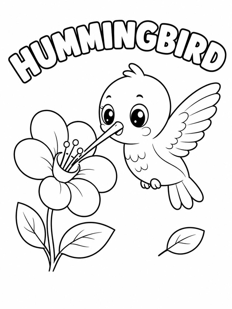 K&ouml;nnte beinhalten: Schwarz-Wei&szlig;-Illustration eines Kolibris und einer Blume. Das Wort "HUMMINGBIRD" ist &uuml;ber dem Vogel gew&ouml;lbt. Der Kolibri hat gro&szlig;e Augen und einen langen Schnabel und schwebt in der N&auml;he der Blume.