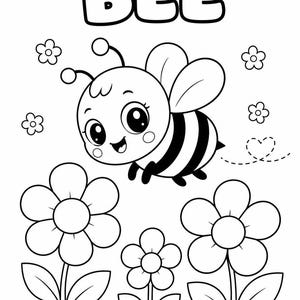 K&ouml;nnte beinhalten: Schwarz-Wei&szlig;-Illustration einer Cartoon-Biene mit einem l&auml;chelnden Gesicht, schwarz-wei&szlig;en Streifen und Fl&uuml;geln. Das Wort "BEE" steht &uuml;ber der Biene. Blumen und eine gepunktete Herzspur sind ebenfalls enthalten.