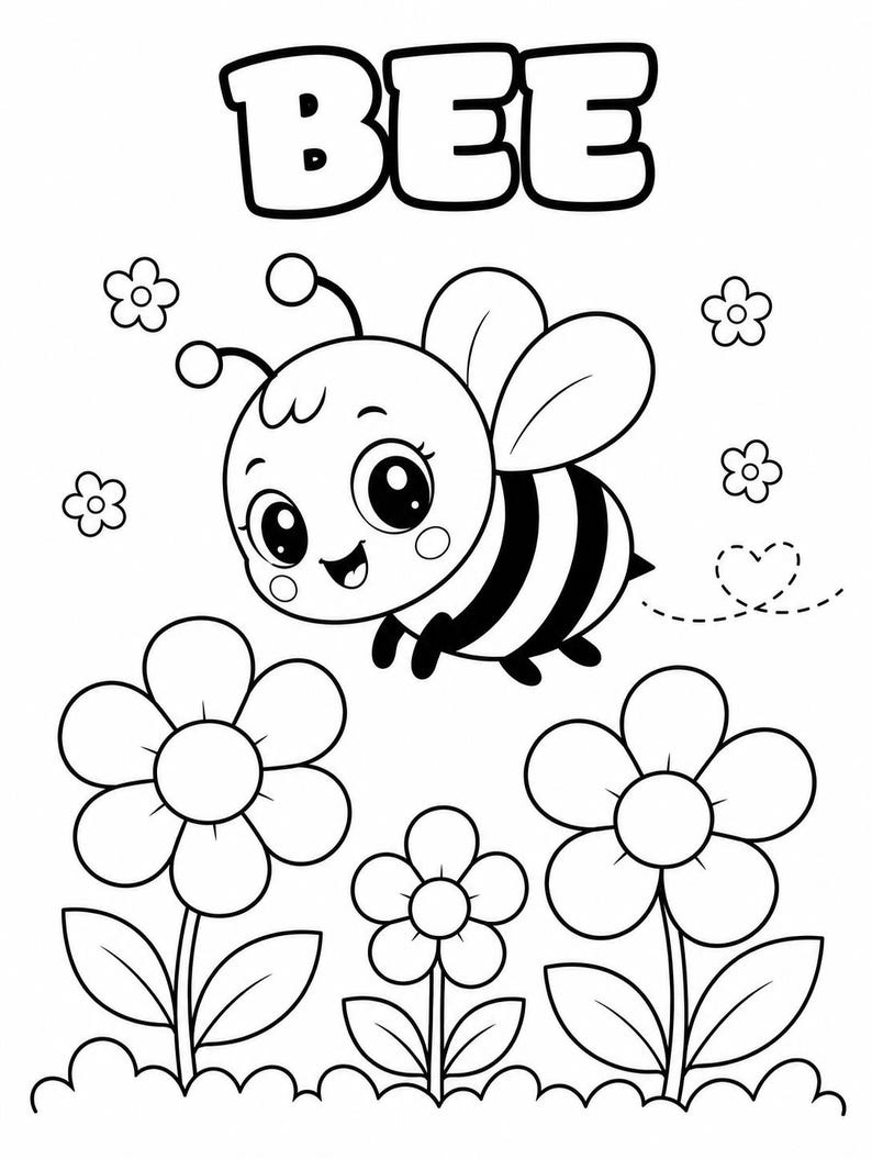 K&ouml;nnte beinhalten: Schwarz-Wei&szlig;-Illustration einer Cartoon-Biene mit einem l&auml;chelnden Gesicht, schwarz-wei&szlig;en Streifen und Fl&uuml;geln. Das Wort "BEE" steht &uuml;ber der Biene. Blumen und eine gepunktete Herzspur sind ebenfalls enthalten.