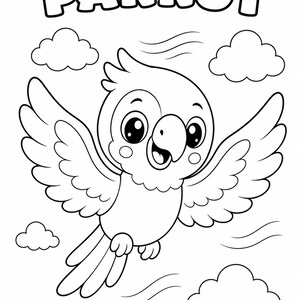 K&ouml;nnte beinhalten: Schwarz-Wei&szlig;-Illustration eines Cartoon-Papageis im Flug, mit ausgebreiteten Fl&uuml;geln und einem fr&ouml;hlichen Gesichtsausdruck. Das Wort "PARROT" steht in fetten Buchstaben &uuml;ber dem Vogel. Mehrere Wolkenformen sind um den Papagei herum verstreut.