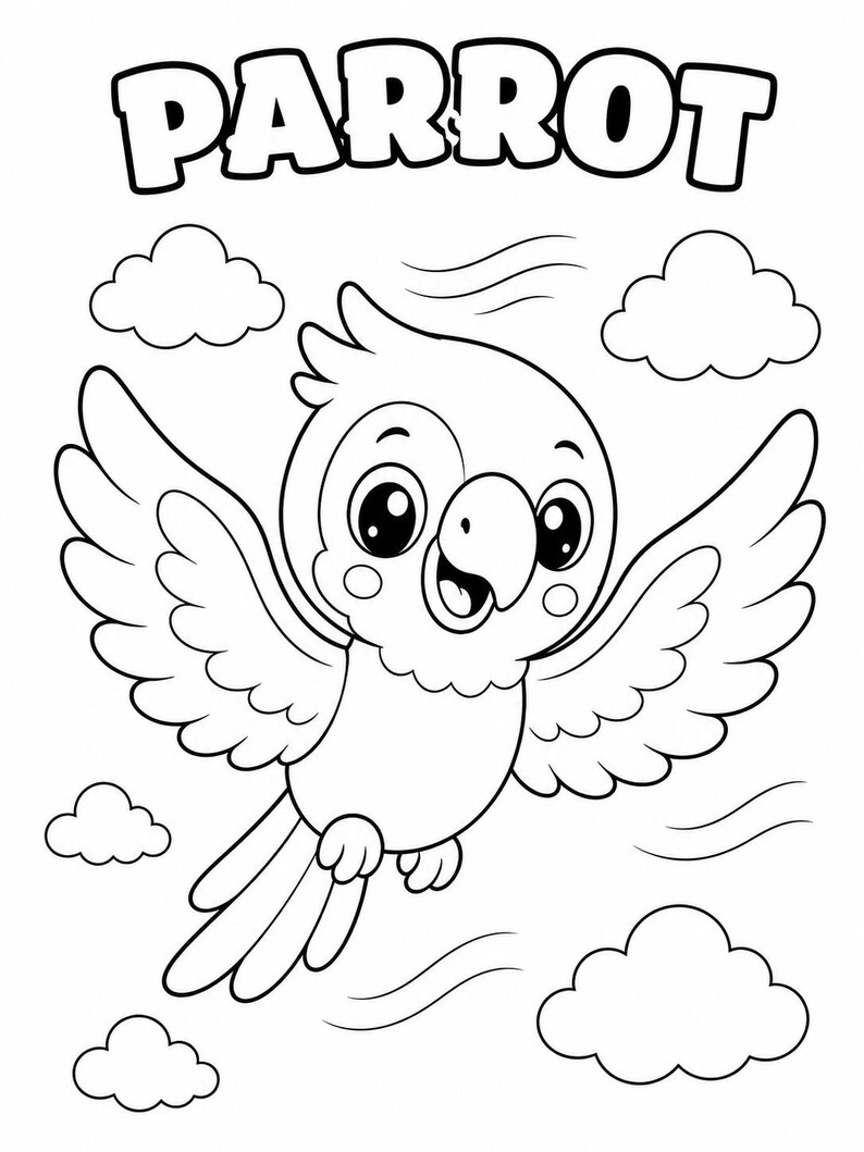 K&ouml;nnte beinhalten: Schwarz-Wei&szlig;-Illustration eines Cartoon-Papageis im Flug, mit ausgebreiteten Fl&uuml;geln und einem fr&ouml;hlichen Gesichtsausdruck. Das Wort "PARROT" steht in fetten Buchstaben &uuml;ber dem Vogel. Mehrere Wolkenformen sind um den Papagei herum verstreut.