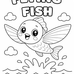 K&ouml;nnte beinhalten: Schwarz-Wei&szlig;-Illustration eines Cartoon-Flugfisches mit dem Text "FLYING FISH" dar&uuml;ber. Der Fisch hat gro&szlig;e Fl&uuml;gel und springt aus dem Wasser, mit Wolken im Hintergrund.
