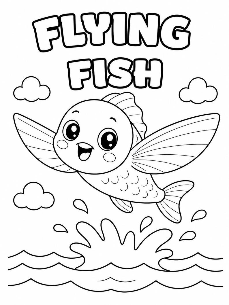 K&ouml;nnte beinhalten: Schwarz-Wei&szlig;-Illustration eines Cartoon-Flugfisches mit dem Text "FLYING FISH" dar&uuml;ber. Der Fisch hat gro&szlig;e Fl&uuml;gel und springt aus dem Wasser, mit Wolken im Hintergrund.