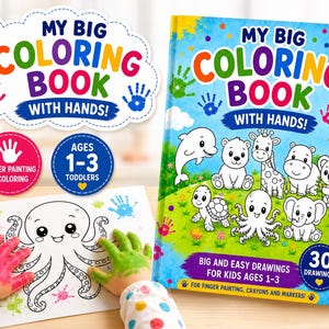 Könnte beinhalten: Ein farbenfrohes Malbuch für Kinder mit dem Titel "MY BIG COLORING BOOK WITH HANDS!". Das Cover zeigt Zeichentricktiere. Das Buch enthält 30 Zeichnungen für Kinder im Alter von 1-3 Jahren, die für Fingermalfarben, Buntstifte und Marker geeignet sind.