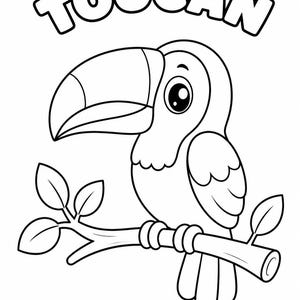 K&ouml;nnte beinhalten: Schwarz-Wei&szlig;-Illustration eines Tukanvogels, der auf einem Ast mit Bl&auml;ttern sitzt. Das Wort "TOUCAN" steht in einer Bubble-Schrift &uuml;ber dem Vogel.