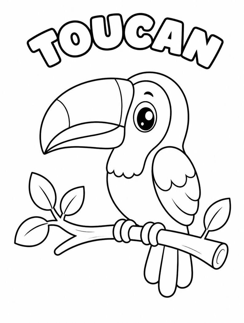 K&ouml;nnte beinhalten: Schwarz-Wei&szlig;-Illustration eines Tukanvogels, der auf einem Ast mit Bl&auml;ttern sitzt. Das Wort "TOUCAN" steht in einer Bubble-Schrift &uuml;ber dem Vogel.