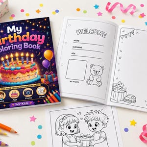 Può includere: Un libro da colorare "My Birthday" con un'illustrazione di torta sulla copertina. Il libro è aperto per mostrare pagine di benvenuto e pagine da colorare con illustrazioni di regali, palloncini e un orsacchiotto. Sono visibili anche matite colorate e un regalo confezionato.