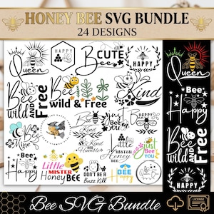 Puede incluir: Una colección digital de 24 diseños gráficos con temática de abejas melíferas que presenta varias ilustraciones de abejas, panales y elementos florales combinados con tipografía. El texto incluye frases como Queen, Bee Wild and Free, Bee Kind y Little Mister Honey Bee.