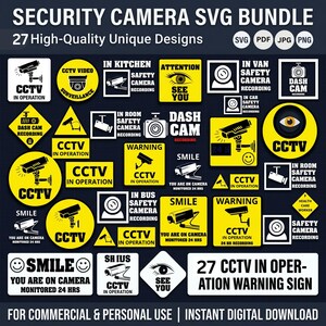 CCTV Camera SVG Bundle, Security Camera Cut Files, Surveillance Camera svg, CCTV Sign png, Warning Camera svg, Cricut Silhouette Files