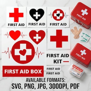 May include: A collection of first aid-themed graphics and supplies. The image features red and white crosses, hearts, and text that reads "FIRST AID" and "FIRST AID KIT". Also included are two red metal first aid boxes, bandages, and a small first aid kit.