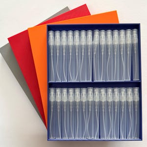 Può includere: Una scatola blu piena di flaconi spray trasparenti e vuoti, disposti su due file. I flaconi hanno ugelli spray bianchi e tubi sottili e trasparenti. Accanto alla scatola ci sono fogli di carta colorati grigi, rossi e arancioni.