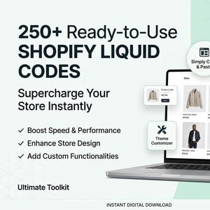Könnte beinhalten: Ein Laptop-Bildschirm zeigt eine Shopify-Store-Oberfläche mit Produktbeispielen. Das Bild wirbt für über 250 einsatzbereite Shopify Liquid-Codes. Text hebt Funktionen wie Geschwindigkeitssteigerung, Designverbesserung und Hinzufügen von Funktionalitäten hervor. Das Bild enthält den Text "Ultimate Toolkit".