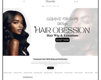 Flourish Hair Shopify Theme, Wig Extension Store Website, Brand Design (Canva Banners)