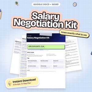 Może przedstawiać: Cyfrowy zestaw do negocjacji płac dla Google Docs i Word, zawierający 8-etapowy plan, skrypty i wskazówki. Układ obejmuje nagłówek, zielony przycisk do skryptów oraz sekcje z poradami na jasnoniebieskim tle w kratkę.