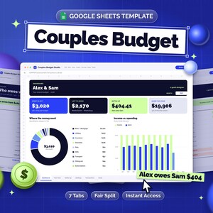 Hoja de cálculo de Google para presupuestos de pareja, seguimiento de gastos compartidos, reparto equitativo de facturas (descarga digital)