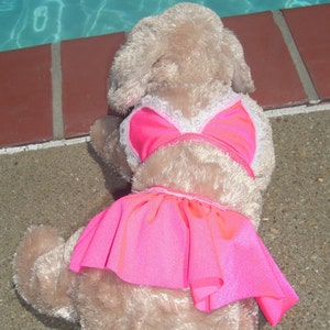 May include: A plush toy wearing a pink and white swimsuit. The toy is lying on a concrete surface near a swimming pool.