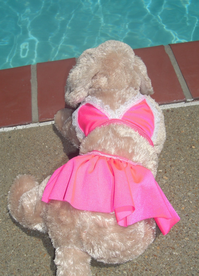 May include: A plush toy wearing a pink and white swimsuit. The toy is lying on a concrete surface near a swimming pool.