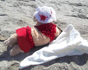 Ruffled Dog Bikini Set, Red Tankini, Crochet Sun Hat, Beach Towel