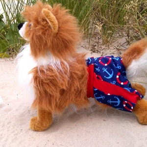May include: A brown and white fluffy dog wearing blue and red nautical themed dog pants with anchors and life preservers. The dog is standing on a sandy beach with a wooden anchor and a wooden ship's wheel in the background.