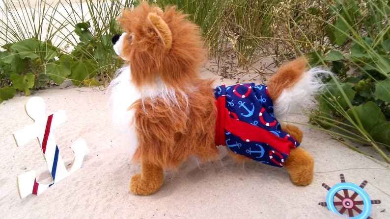 May include: A brown and white fluffy dog wearing blue and red nautical themed dog pants with anchors and life preservers. The dog is standing on a sandy beach with a wooden anchor and a wooden ship's wheel in the background.