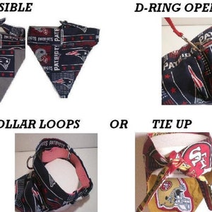 May include: Two reversible dog bandanas with a blue and red pattern featuring the New England Patriots logo. The bandanas have a D-ring opening and collar loops. One bandana is tied up with a knot.
