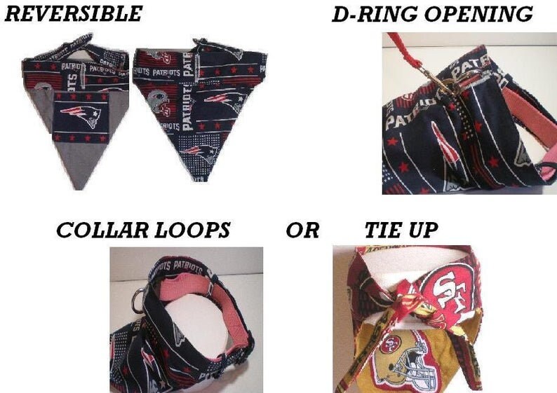 May include: Two reversible dog bandanas with a blue and red pattern featuring the New England Patriots logo. The bandanas have a D-ring opening and collar loops. One bandana is tied up with a knot.