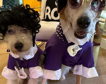 Purple Rain Prince Dog Costume, Studded Ruffle Pet Outfit, Guitar Detail