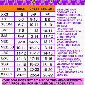 May include: A purple and orange Bella Doggie Sizing Chart with size measurements for dogs. The chart includes neck, chest, and length measurements in inches for various sizes, from XXS to XXXLG. Text on the chart advises how to measure a dog.