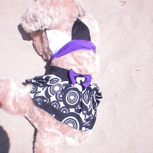 May include: A plush toy wearing a purple and black bikini top and a black and white skirt with a circle pattern. The toy is lying on its back on a sandy surface.