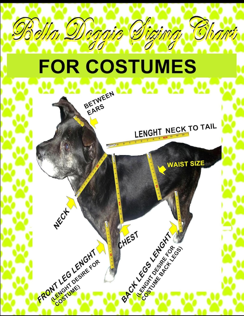 May include: A dog costume sizing chart with a black dog as a model. The chart includes measurements for neck, chest, waist, and leg lengths, with text labels like "Between Ears" and "Length Neck to Tail". The background is white with green paw prints.