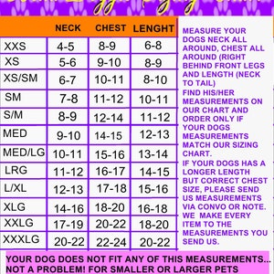 May include: A Bella Doggie Sizing Chart with a pink background and a purple border. The chart lists sizes from XXS to XXXL with corresponding neck, chest, and length measurements in inches. The chart also includes instructions on how to measure your dog for the best fit.