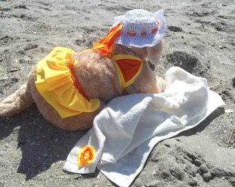 Dog Bikini, Orange Tangerine 3 piece set, Bikini-towel-hat set, Dog Beach Set