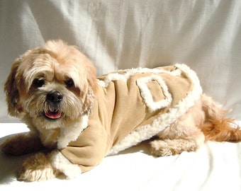 Dog Coat,  Sheep Skin Dog Coat, Pet coat, Dog Sherpa sheep skin coat, Warm Pet Coat, Tan stretch suede coat.