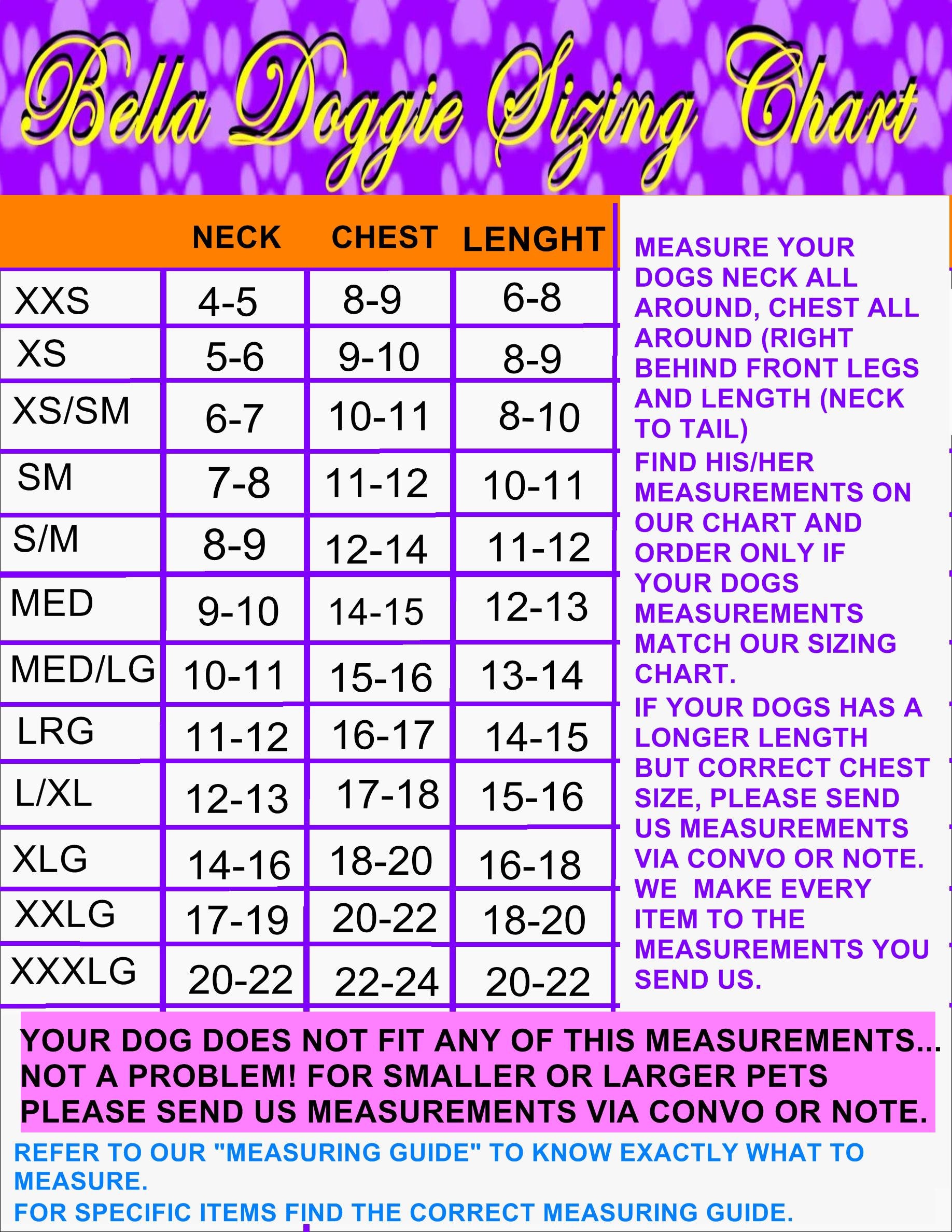 Bella doggie sizing chart dog sizes pet sizes dog clothes Etsy