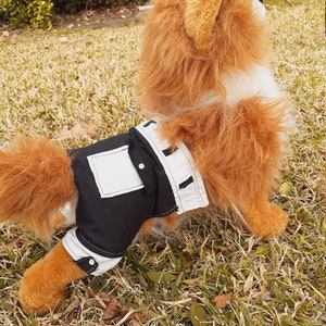 May include: A plush toy dog wearing a black and white shirt with a white pocket. The dog is standing on green grass.