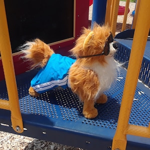 May include: A plush dog toy with long, fluffy brown and white fur, wearing black sunglasses and bright blue shorts with two white horizontal stripes along the bottom hem. The toy is standing on a blue perforated platform with yellow railings.